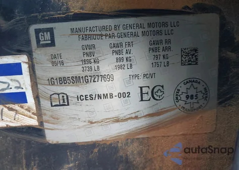 2016 Chevrolet Cruze Ls Manual from USA, damaged, VIN 1G1BB5SM1G7277699